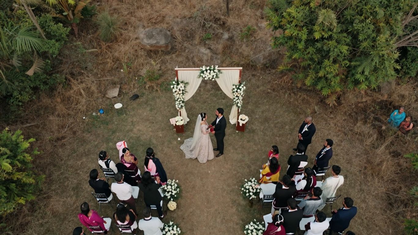 Aerial wedding ceremony with drones capturing sweeping vistas.