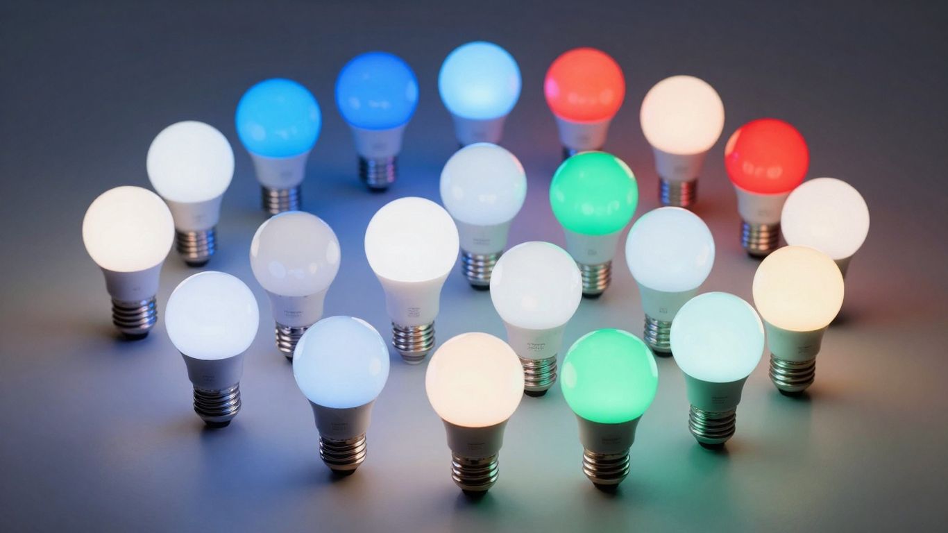 Various smart light bulbs glowing in different colors.