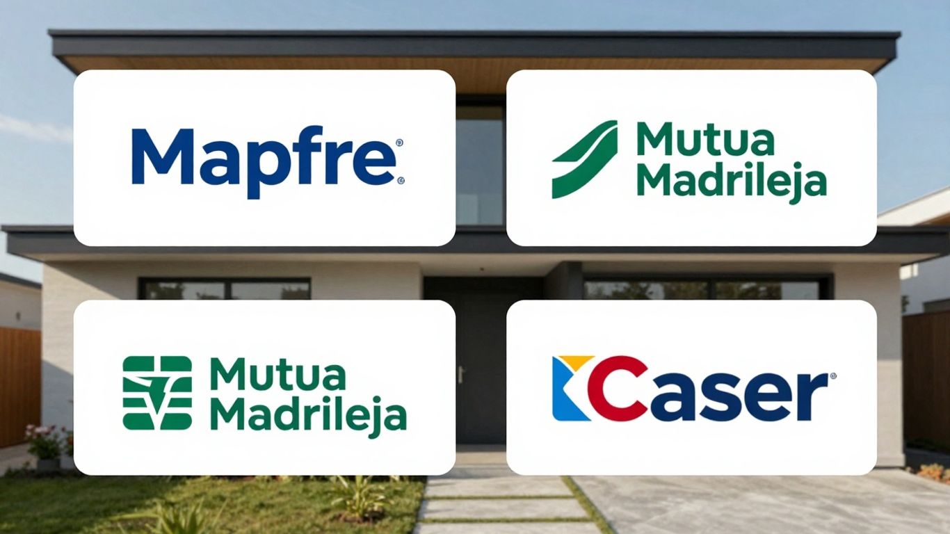 Logos de Mapfre, Mutua Madrileña y Caser junto a una casa.