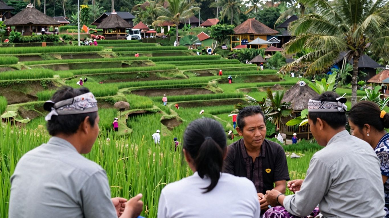 Bali rice terraces with people enjoying the tropical scenery.