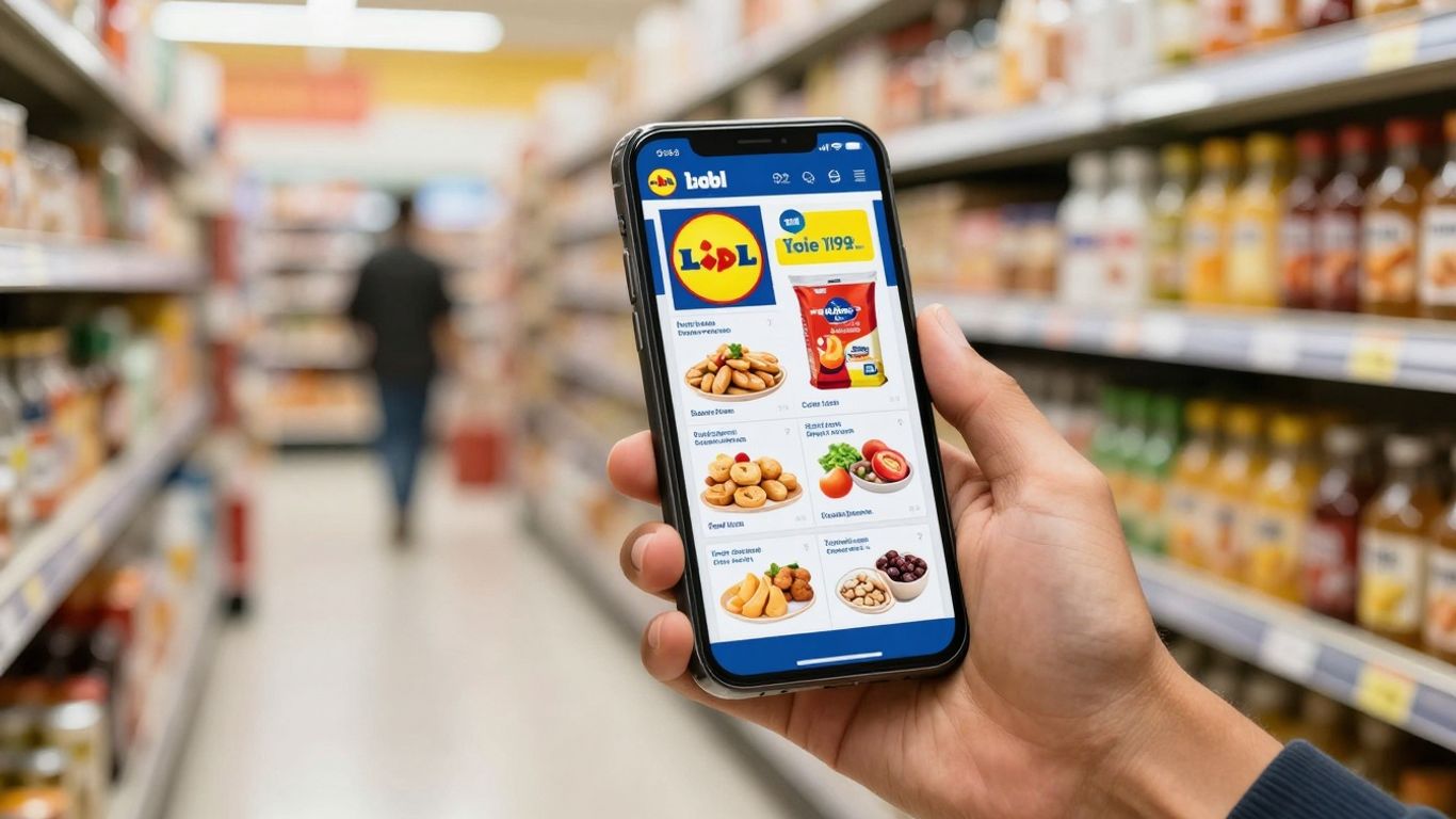 Digitale Lidl-folder op een smartphone in een supermarkt.