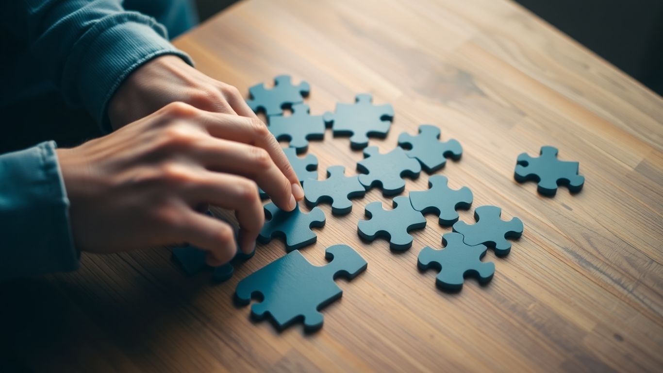 Hands assembling abstract puzzle pieces.