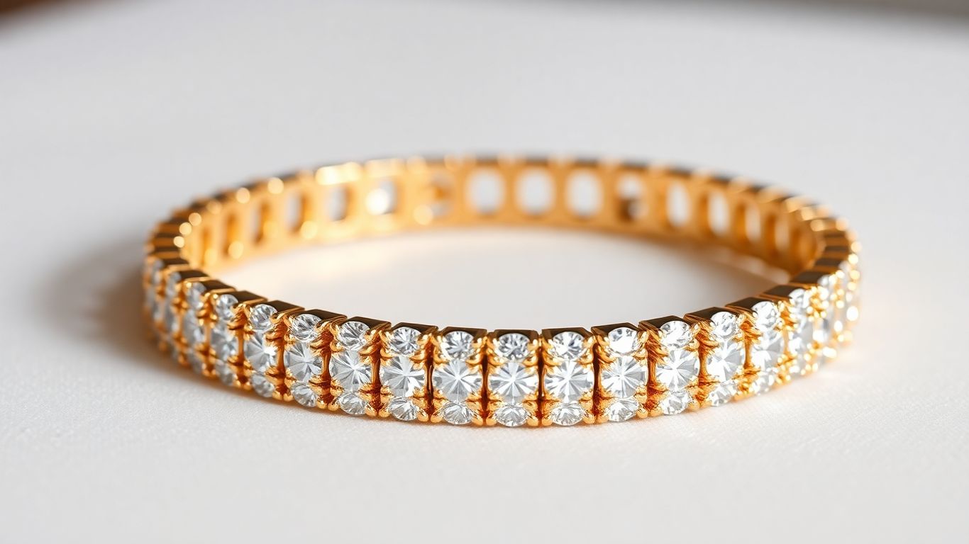 Elegant gold tennis bracelet with sparkling diamonds.