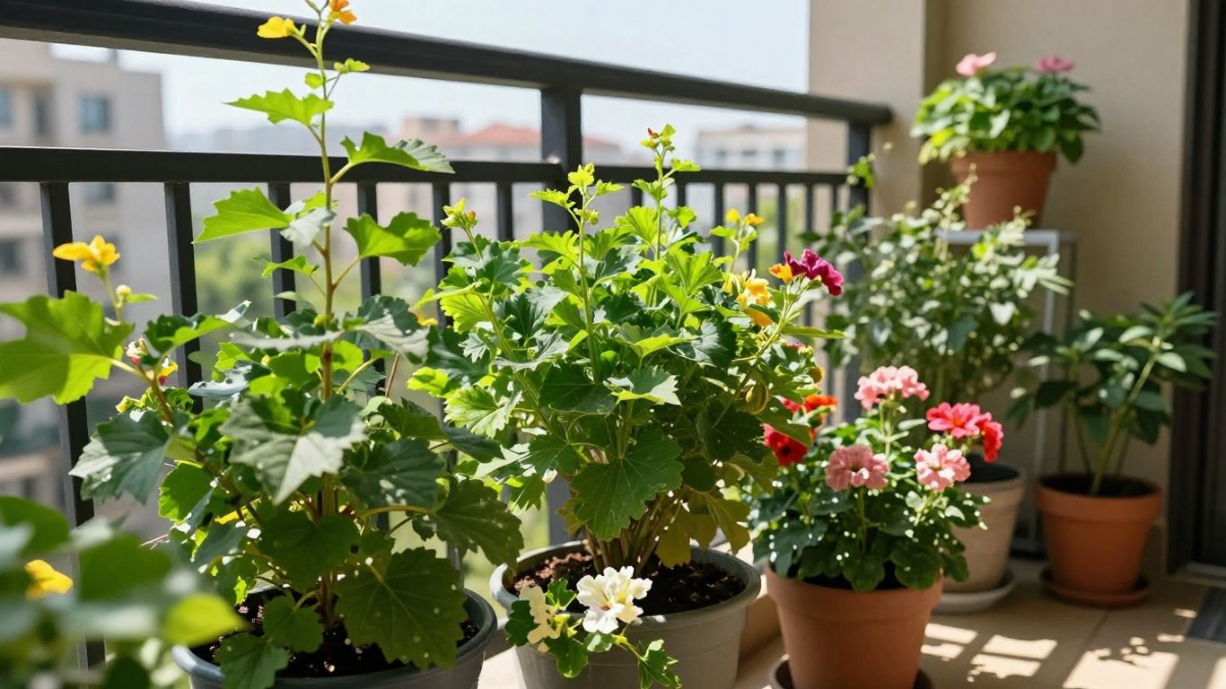 Balkon mit grünen Pflanzen und bunten Blumen