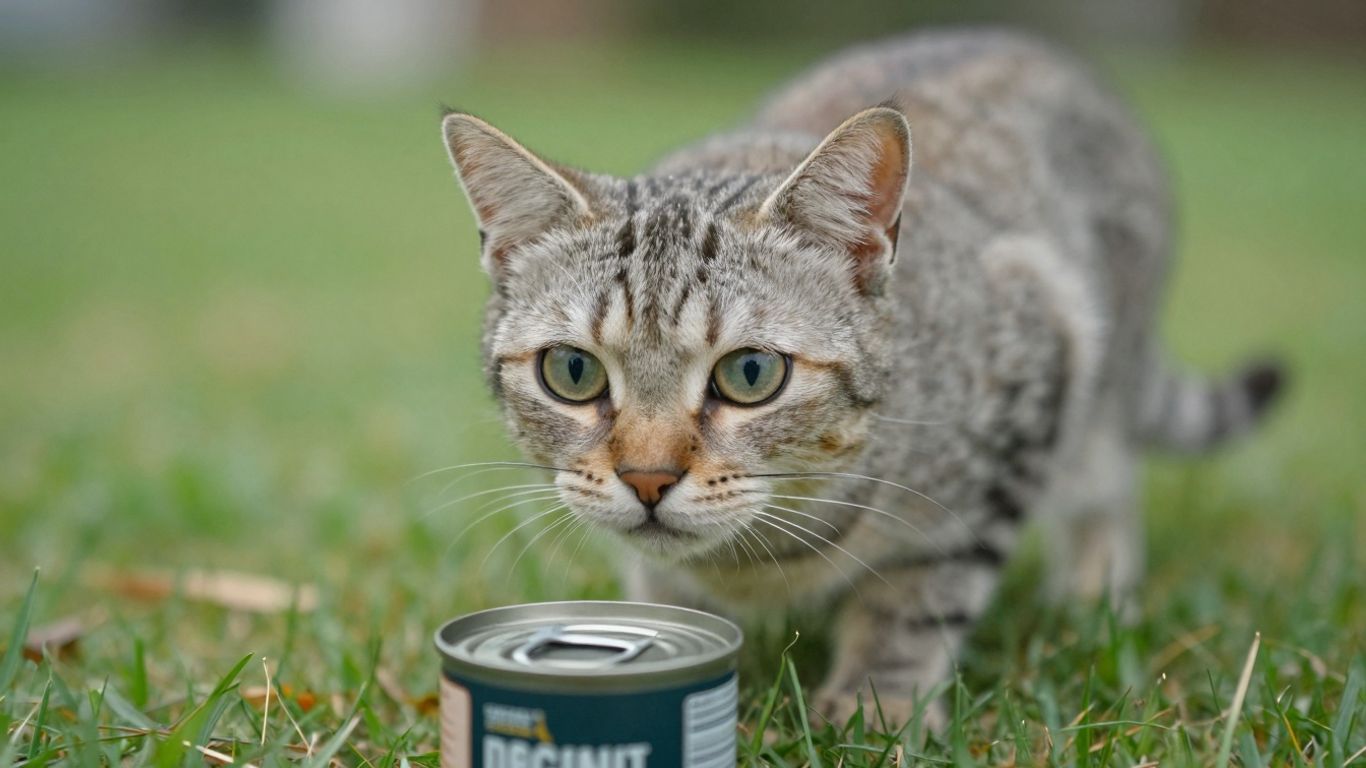 Cat looking at a can of tuna.