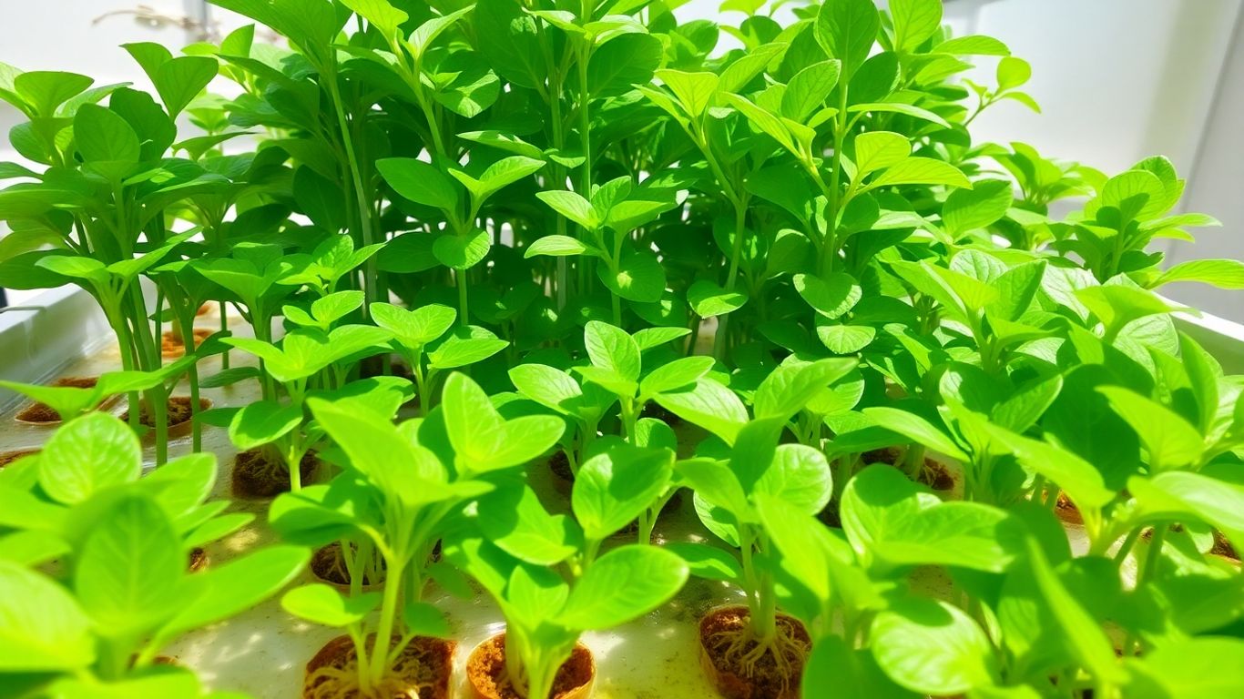Lush green plants growing in a hydroponic garden.