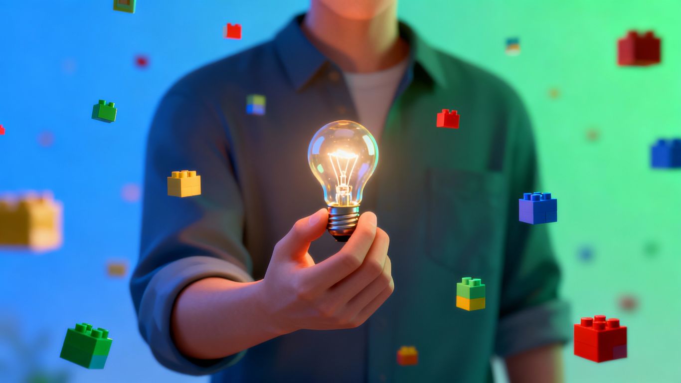 Tiny learning blocks and a glowing lightbulb.