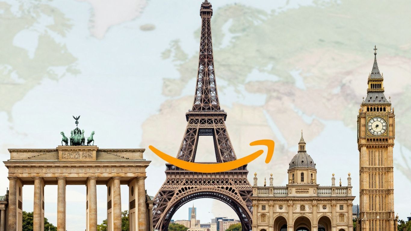 European landmarks and Amazon logo on a blurred map.
