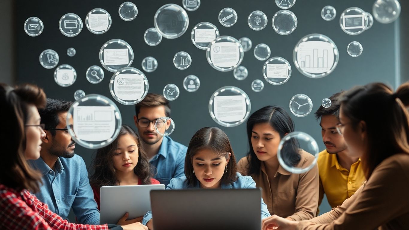 People discussing information online with clear and murky bubbles.