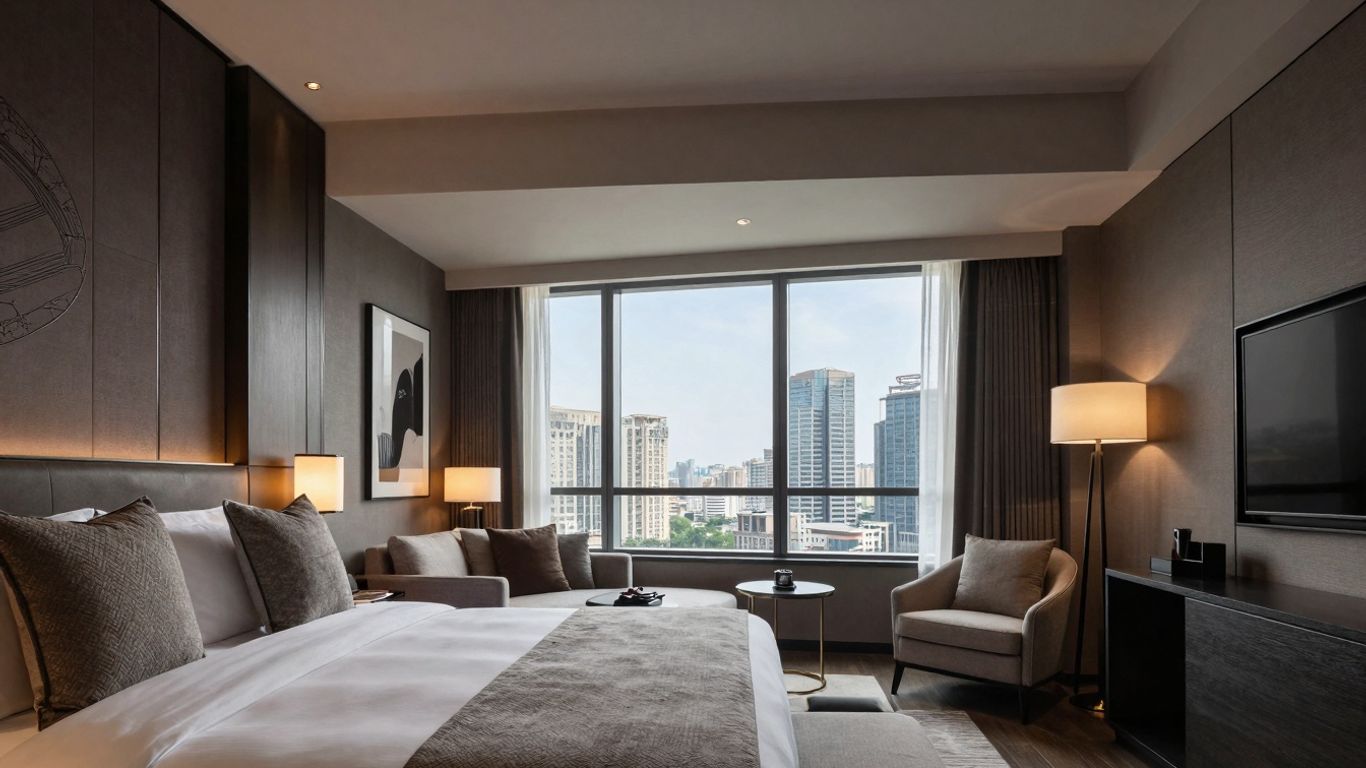 Luxuriöses Hotelzimmer mit Stadtblick in Frankfurt.