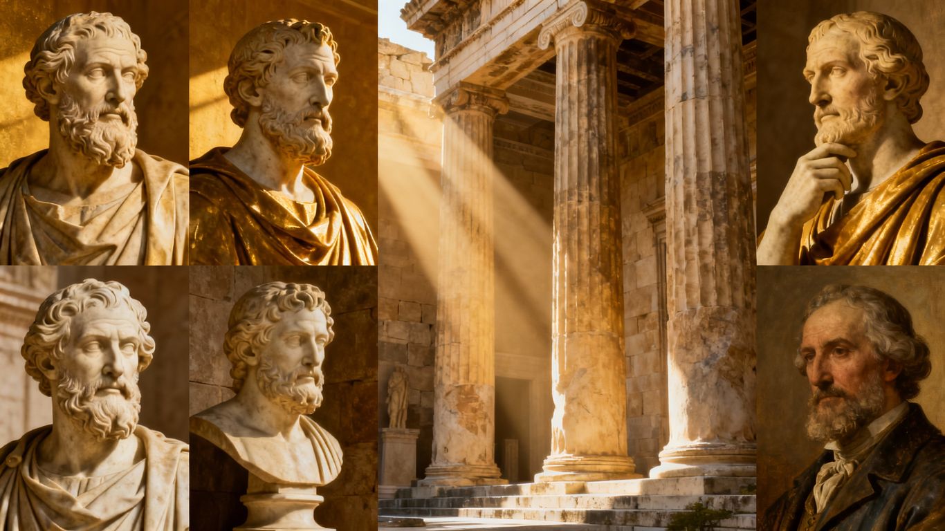 Collage of famous philosophers' portraits and busts.