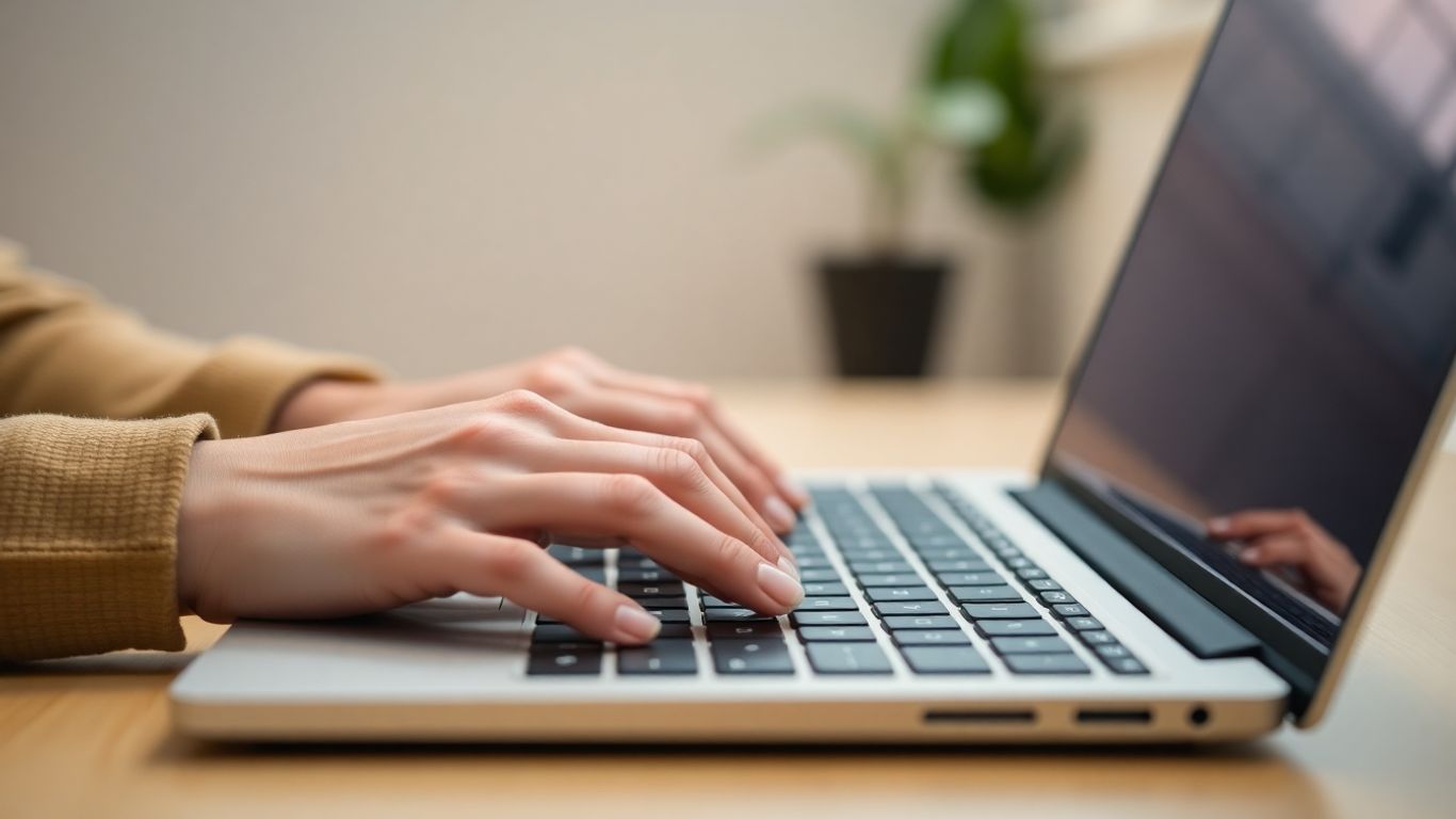 Hands typing on a laptop keyboard.