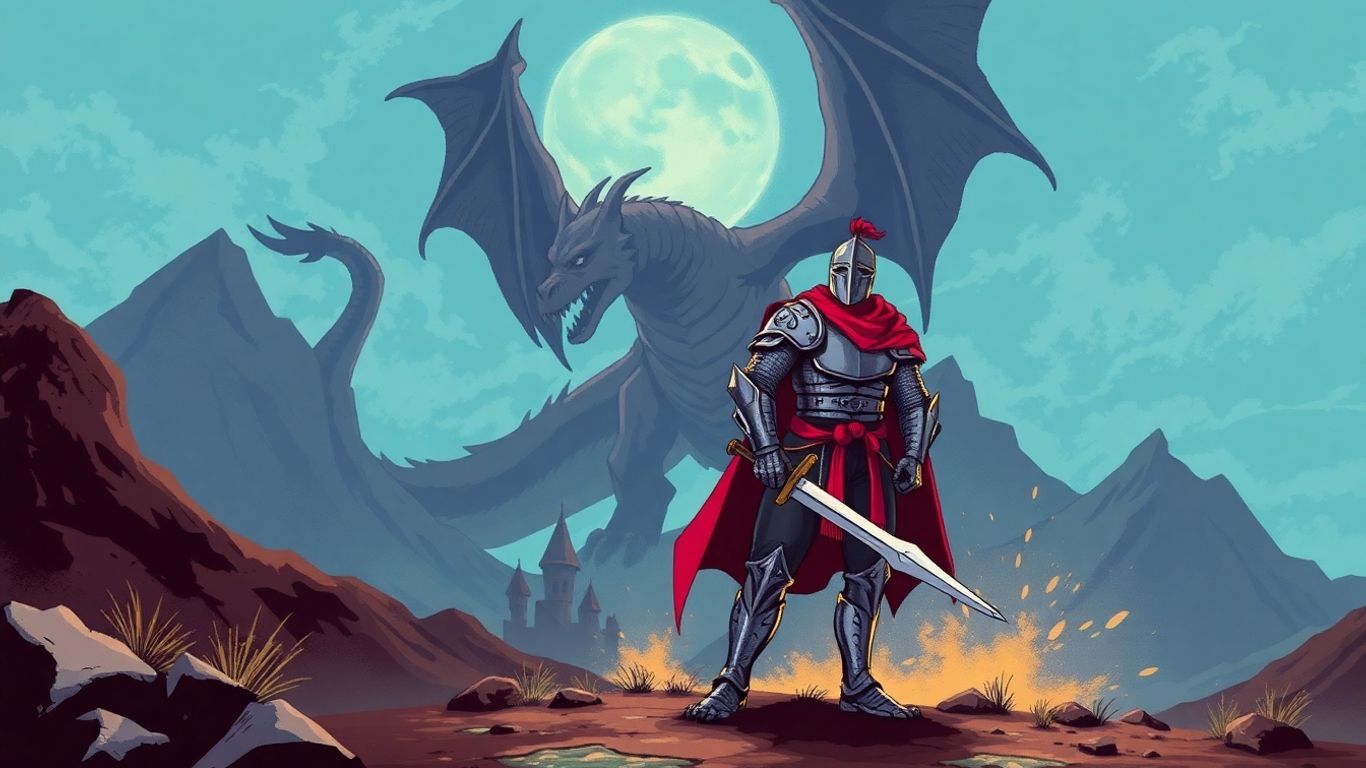 Knight facing a dragon in a classic RPG game.