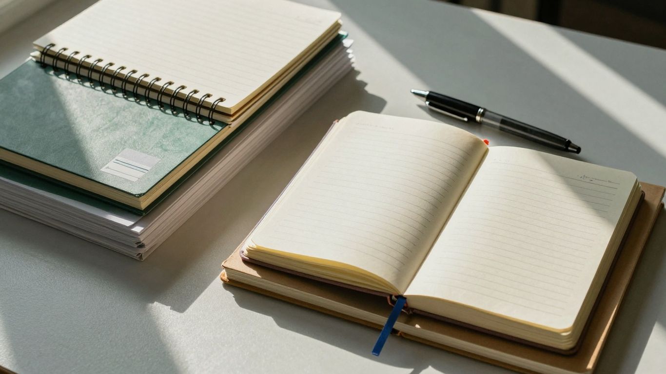 Organized desk with notebooks, pens, and labeled folders.