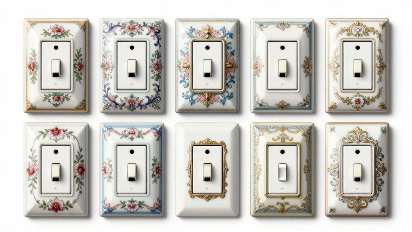 Elegantes cubiertas de interruptores de luz de porcelana con diseños florales.