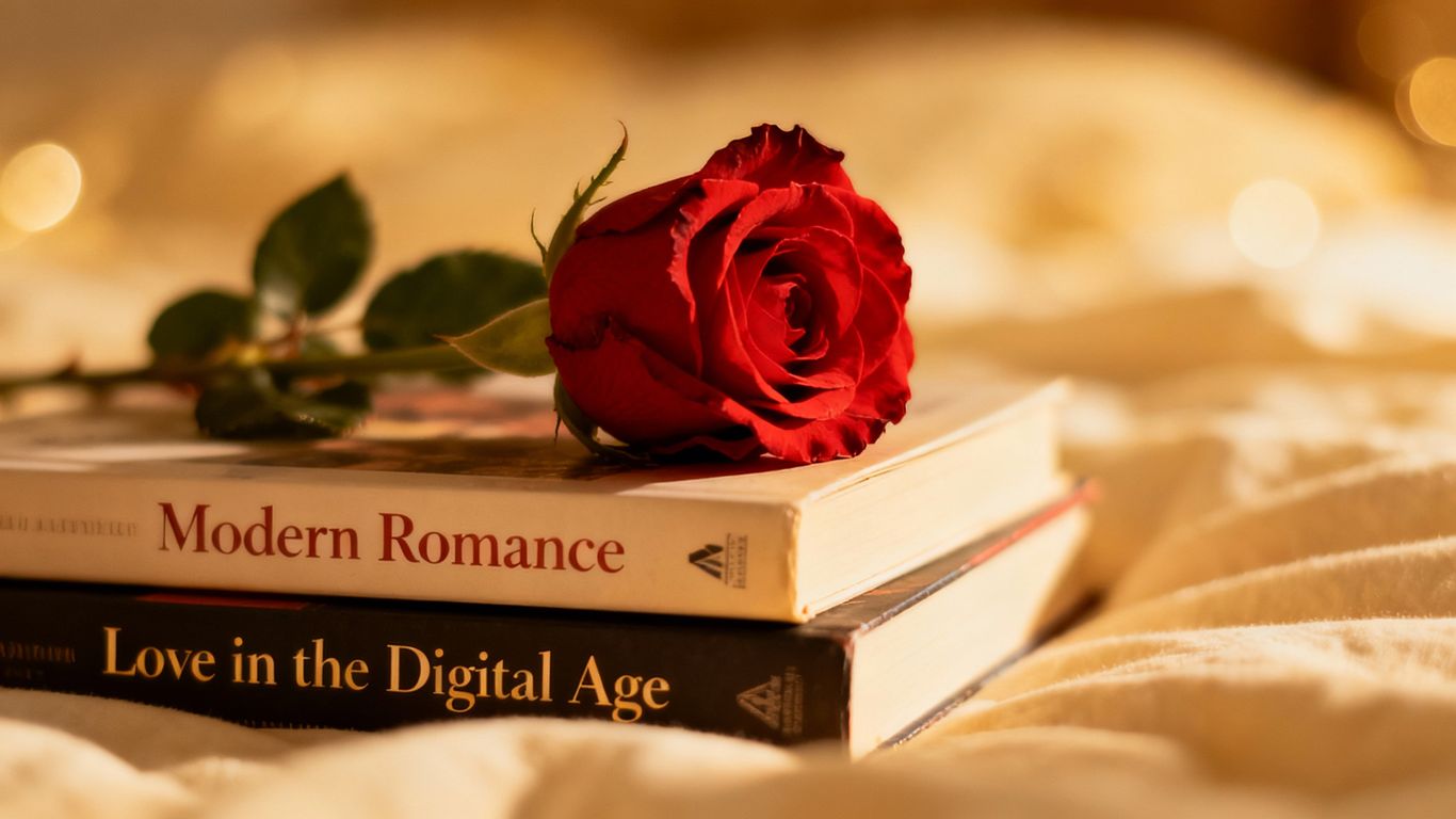 Stack of self-help books on modern romance with a rose.