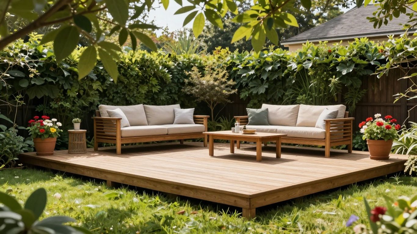 Houten vlonder in een groene tuin met meubels.