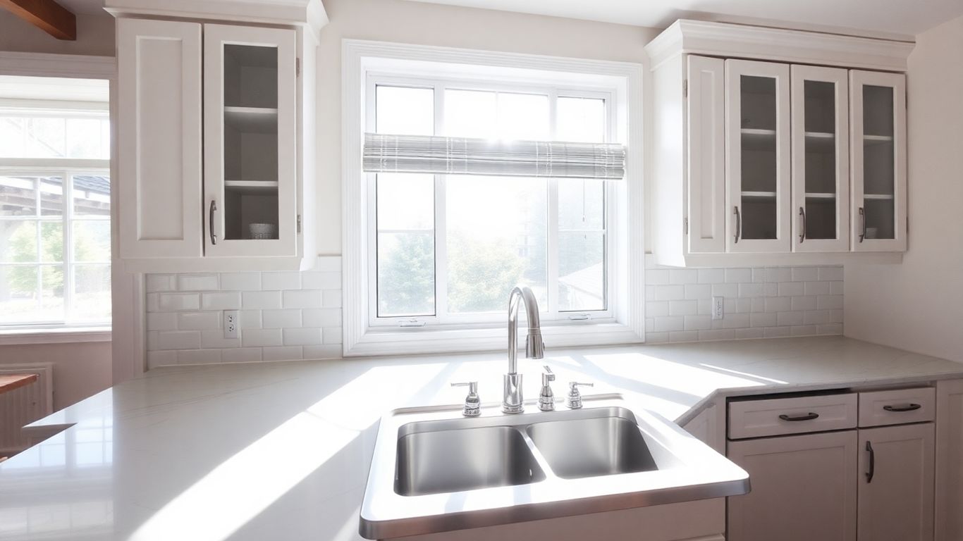 Modern kitchen interior with new cabinets and countertops.