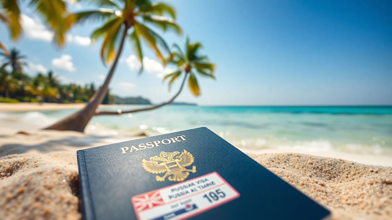 Balinese beach with passport and Russian visa stamp.