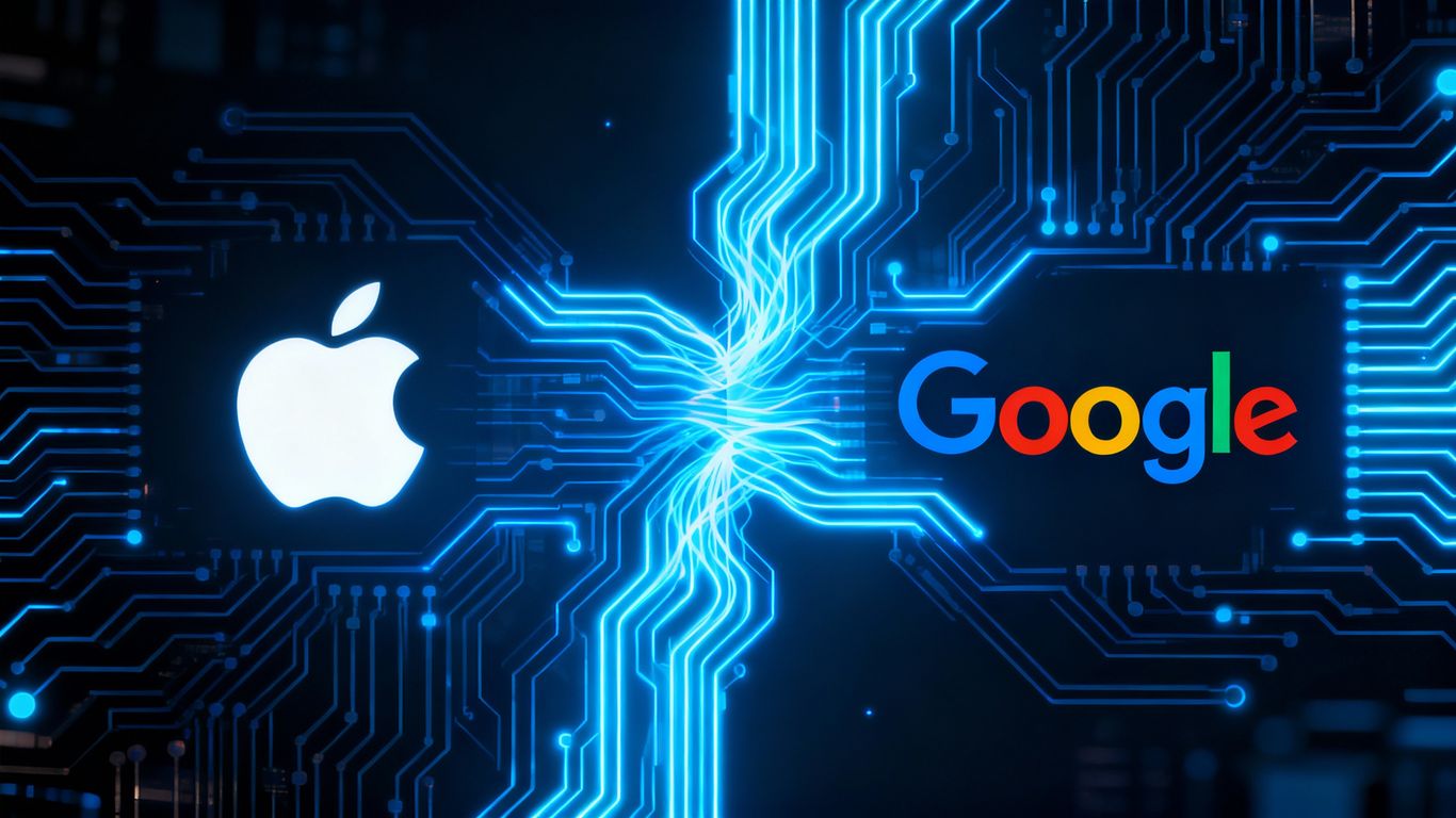 Apple and Google logos merging with AI circuits.