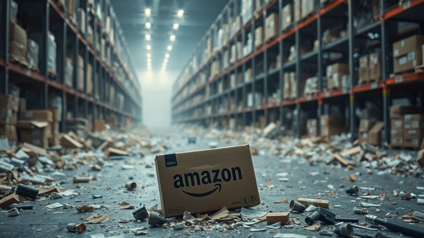 E-commerce warehouse in ruins, symbolizing business failure.