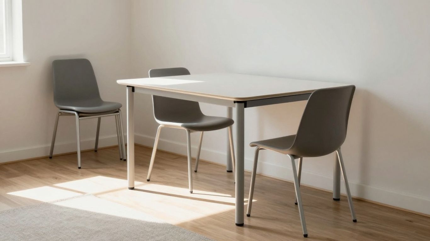 Foldable table and chairs stacked neatly in a small apartment.