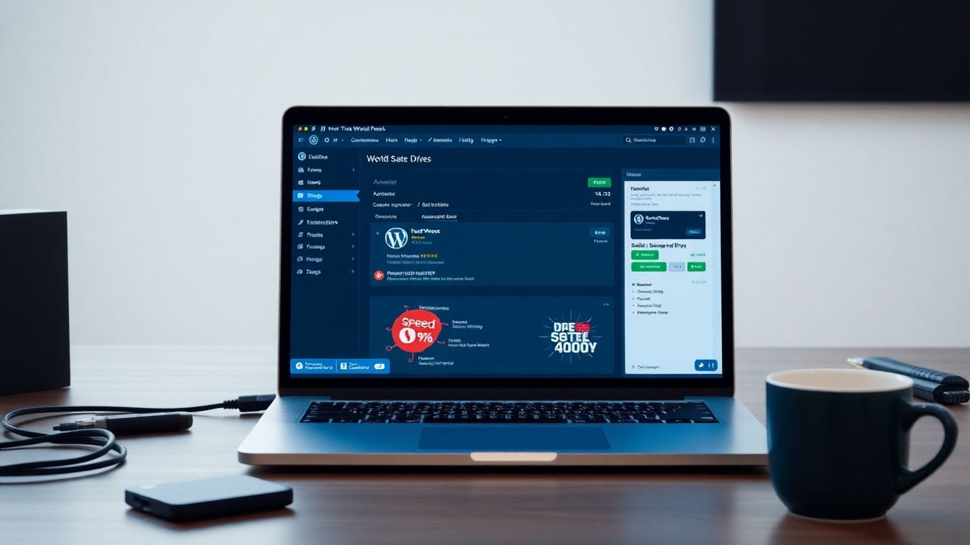 Laptop with WordPress dashboard and developer workspace