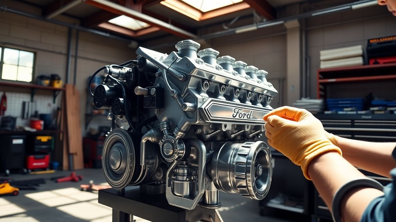 Ford V8 engine block in workshop with mechanic's hands inspecting