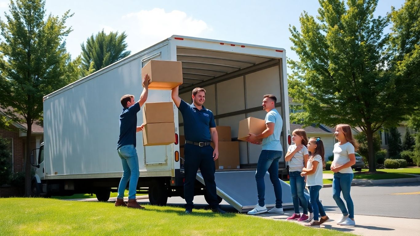 Movers lifting boxes into a truck in New Jersey.
