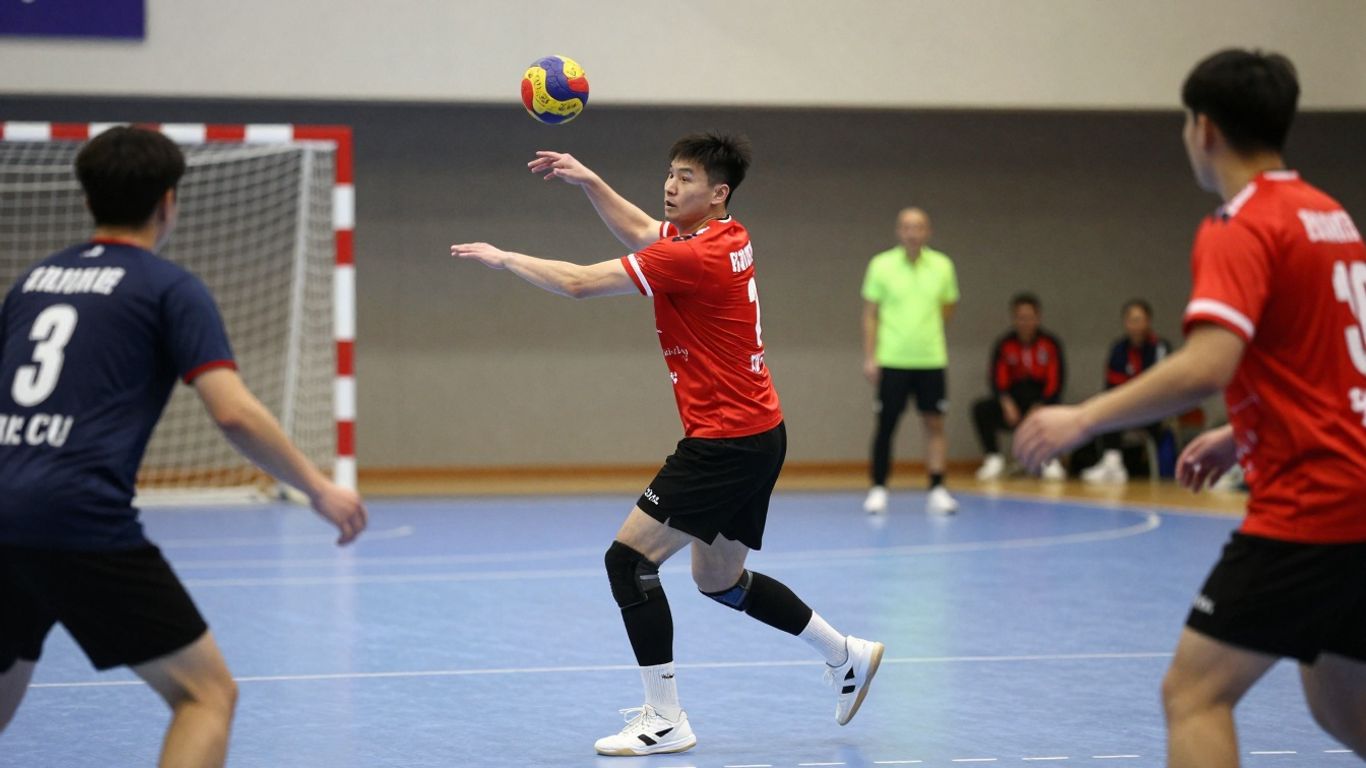 Jucători de handbal în acțiune în timpul unui antrenament.