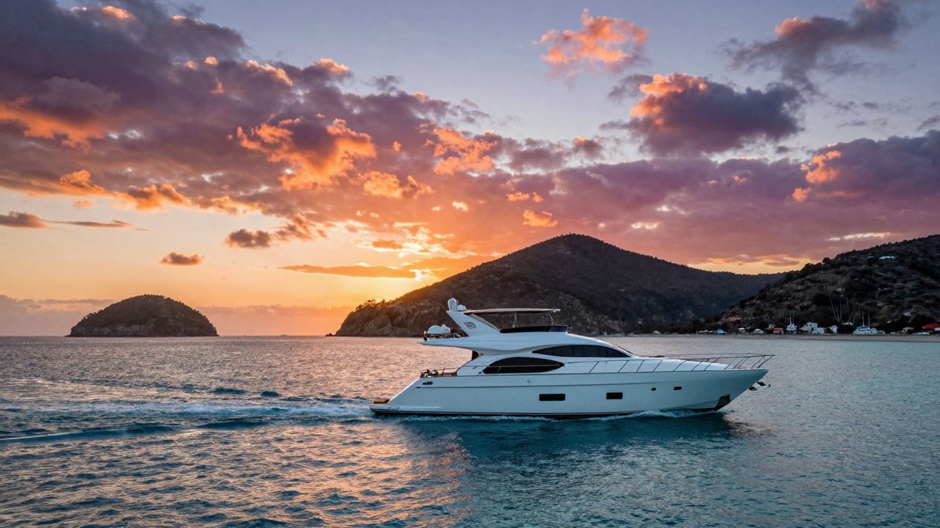 Luxury yacht sailing to Chileno Bay at sunset.