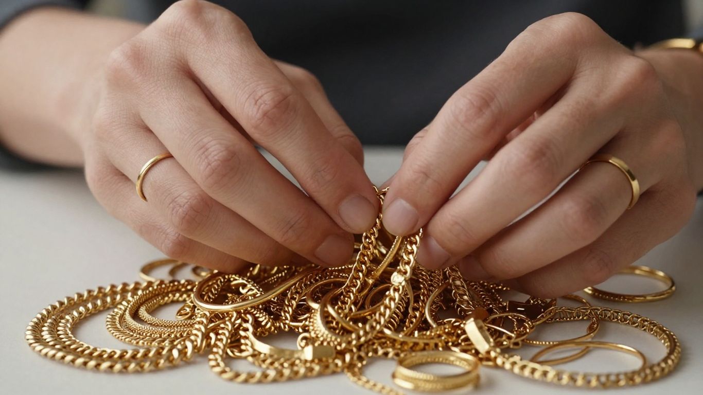 Mains examinant des bijoux en or d'occasion.