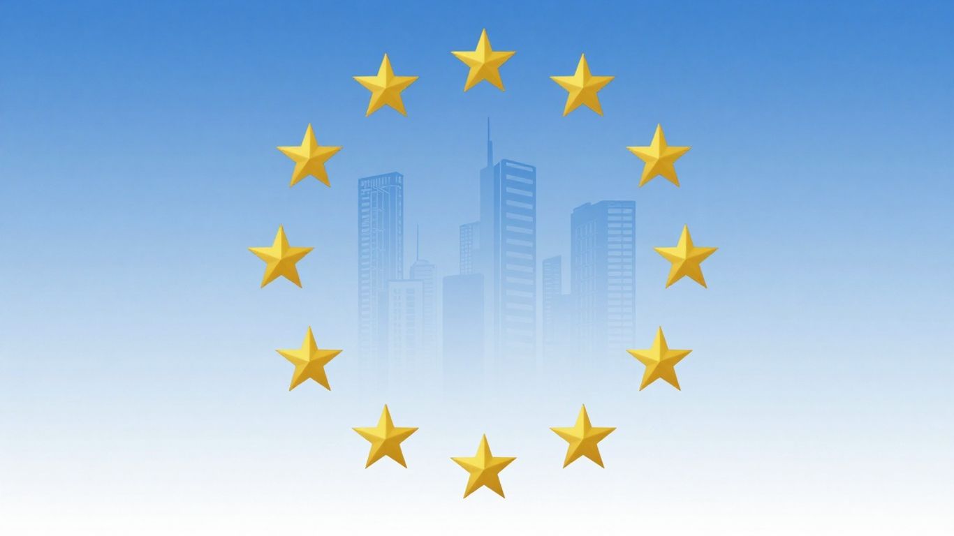 EU Flag mit Unternehmen und vernetzten Gebäuden