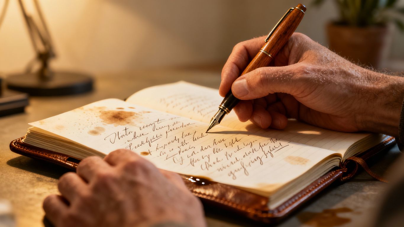 Hands writing in a notebook for educational video script.