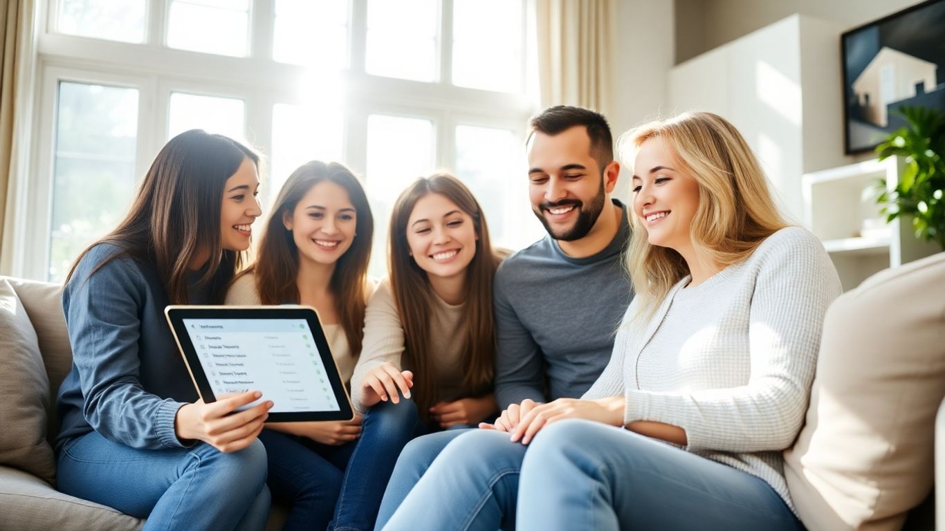 Familia feliz comparando seguros de hogar en línea.