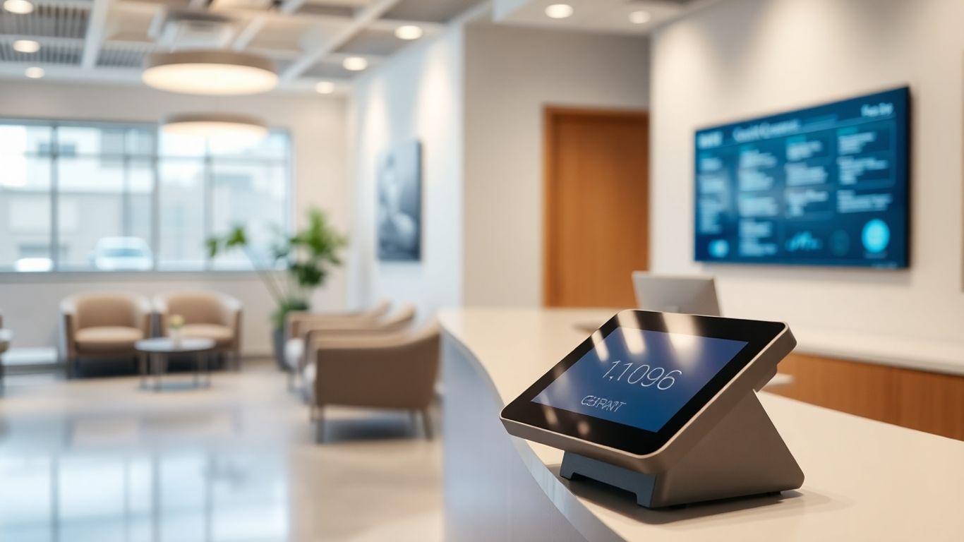 Modern clinic reception with digital booking interface.