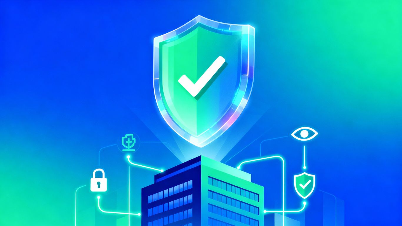 Office 365 security shield protecting an office building.