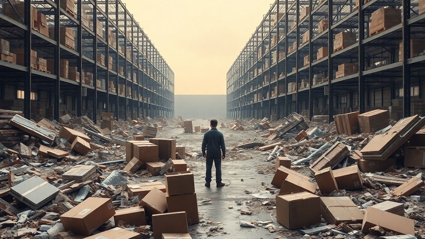 E-commerce warehouse in disarray after business collapse.