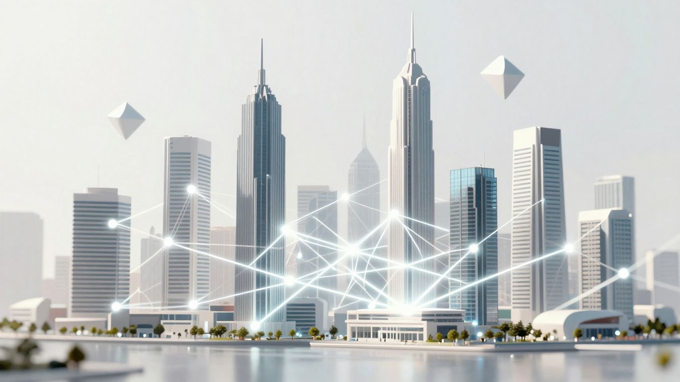 Futuristic cityscape with interconnected glowing lines.