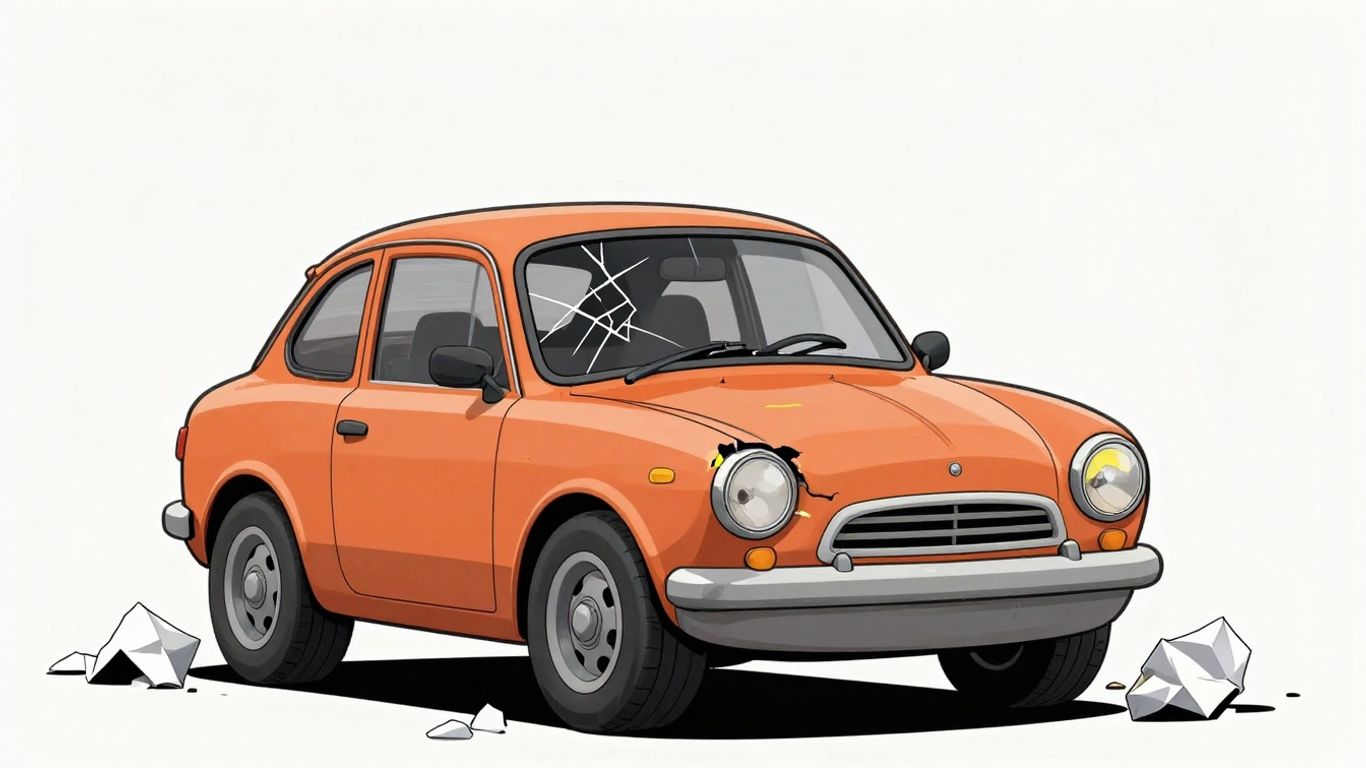 Cartoon car with damaged bodywork and cracked windshield.