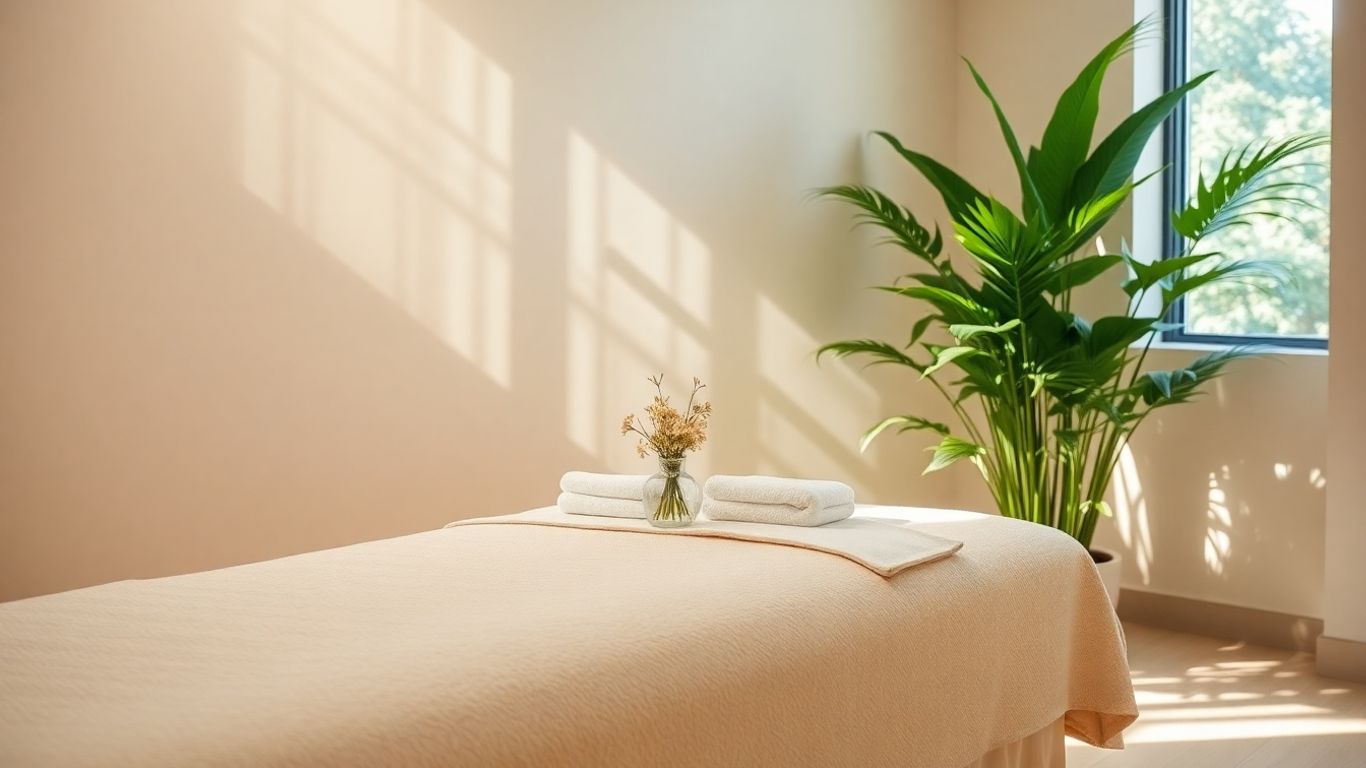 Relaxing spa interior with massage bed and plants.