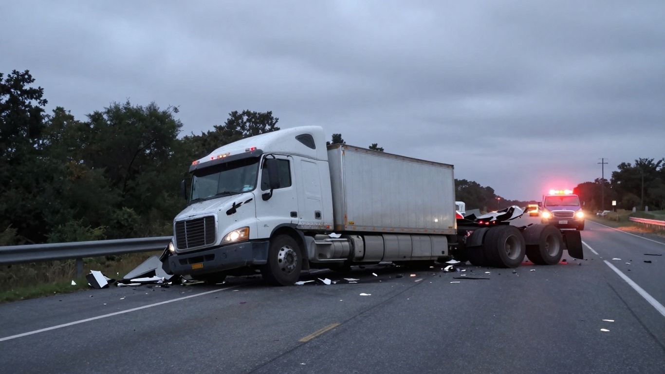 Damaged semi-truck after an accident on a highway.