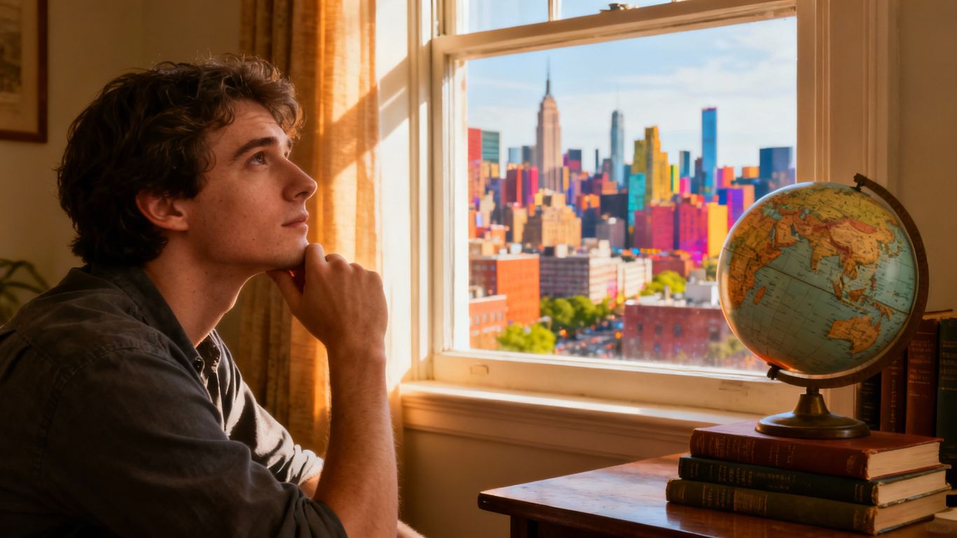 Person looking out window, books, globe, personal growth