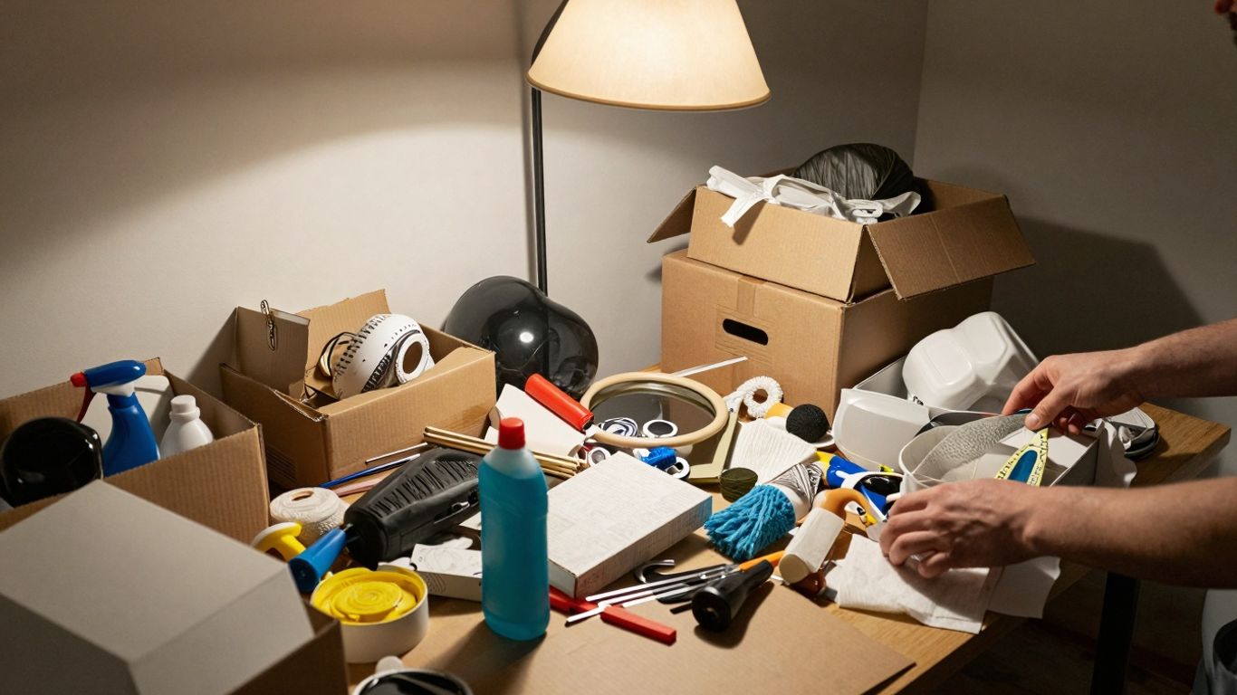 Disorganized room with boxes and cleaning supplies for Airbnb setup.