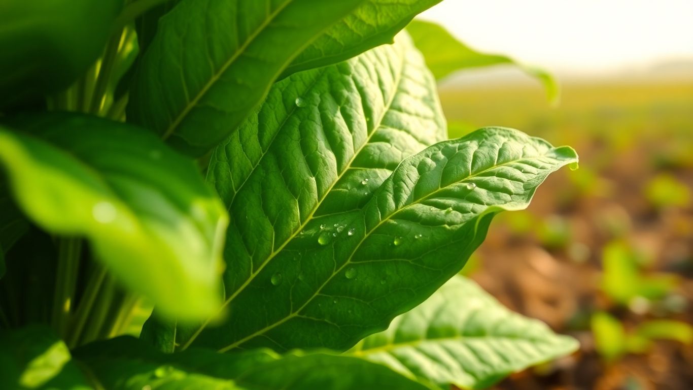 Folhas de tabaco orgânico verdes e frescas em close-up.