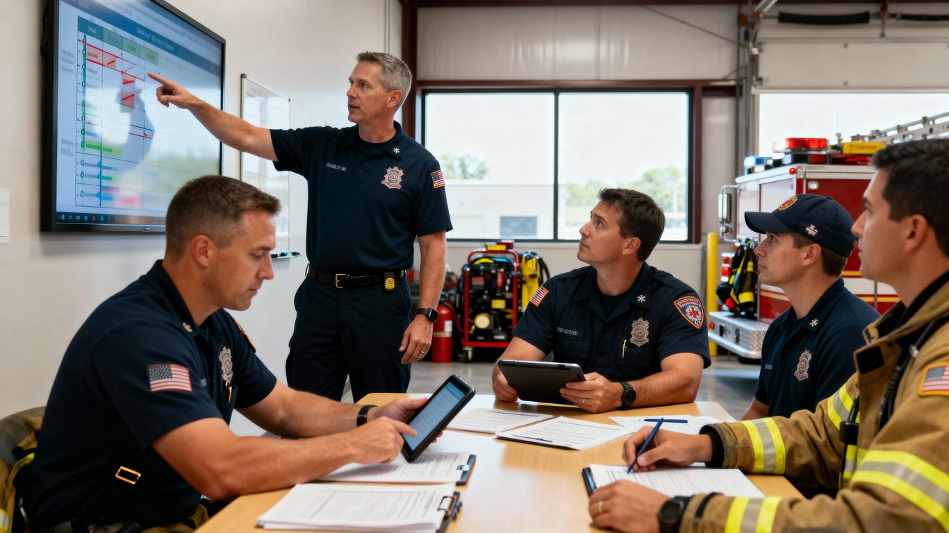 Firefighters in a meeting reviewing a chart on a large screen.