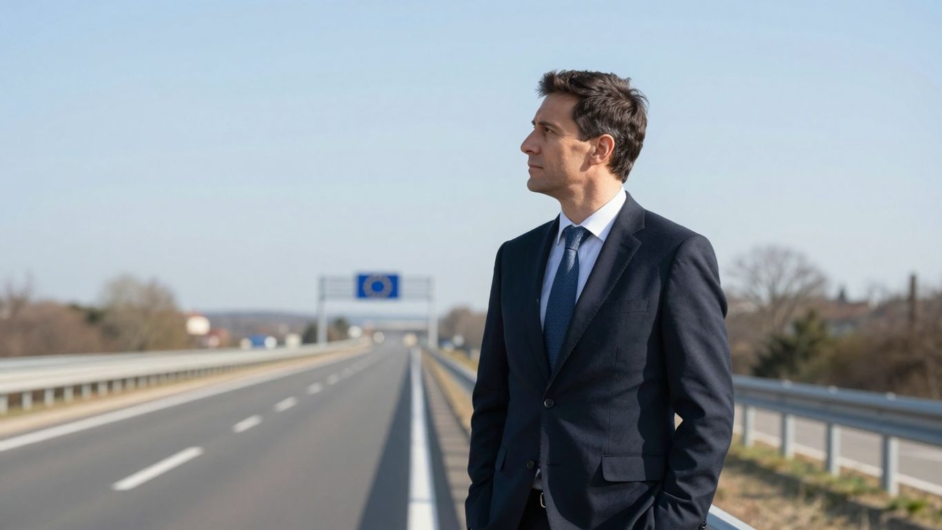 Comisar European pe o șosea, privind spre viitor.