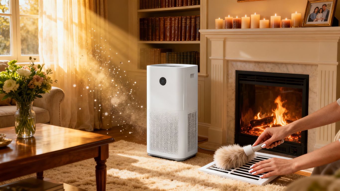 Clean air filter and warm fireplace for winter HVAC efficiency.