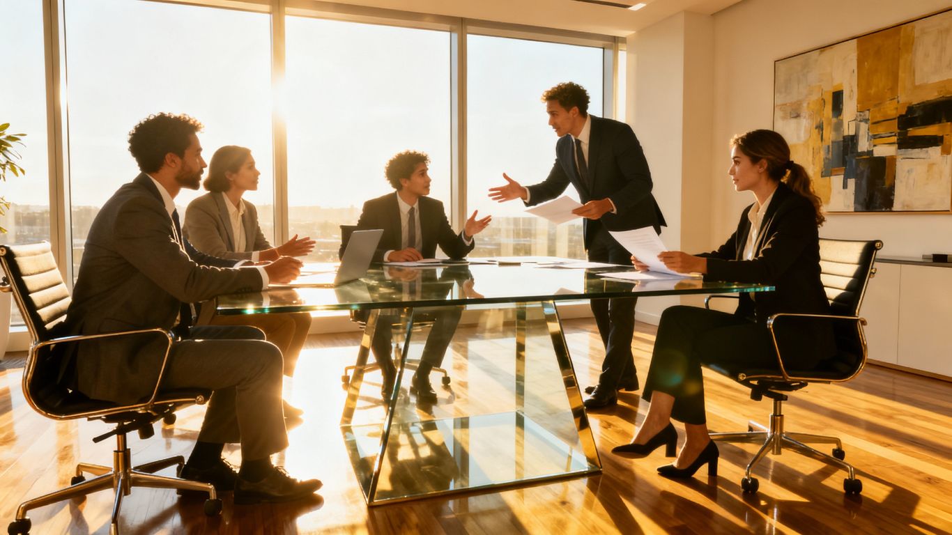 Professionals collaborating in a bright, modern office.