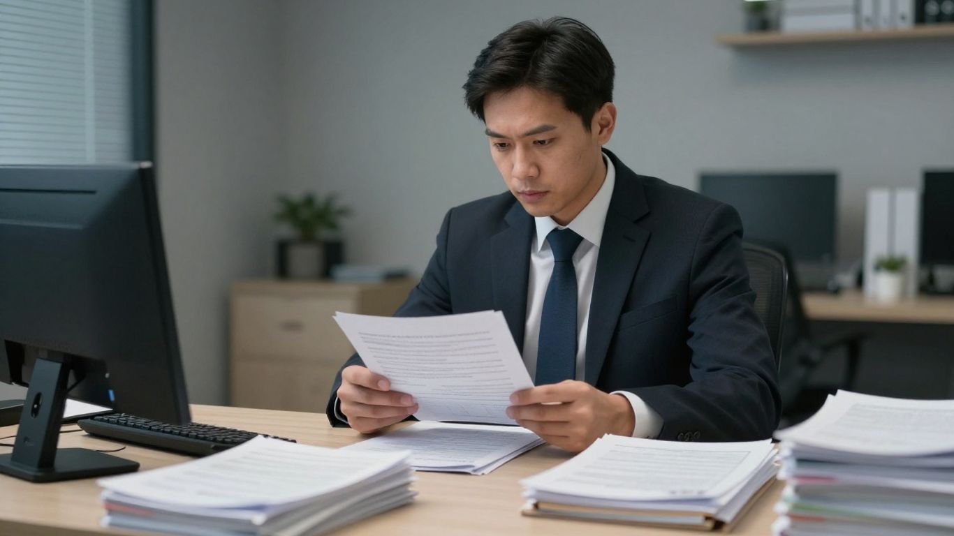 Insurance underwriter reviewing documents at a desk.